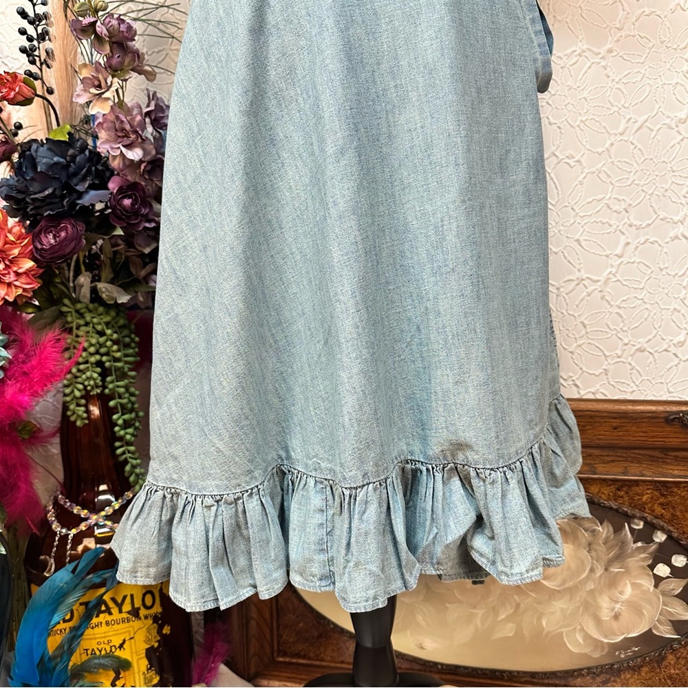 POLO Ralph Lauren🩵 Chambray Blue Wrap Midi Ruffle Tie Dress (10) - Picture 4 of 16